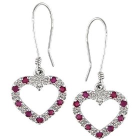 White Gold Diamond and Ruby Heart Earrings