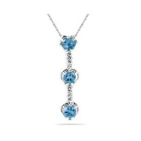 Three Blue Topaz Heart and Diamond Drop Pendant in White Gold